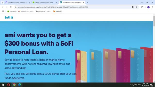 SoFi checkout page showing SoFi promo code box | Screenshot taken by SimplyCodes community member on Nov 29, 2024