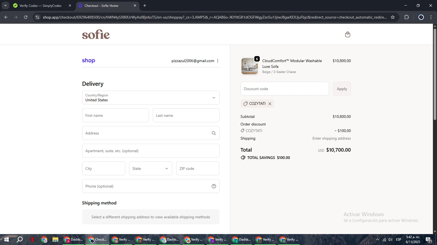 Sofie Home promo code screenshot showing code COZYTATI applied at Sofie Home checkout page. Uploaded by SimplyCodes community member RoyalBoss4384 on Nov 6, 2025