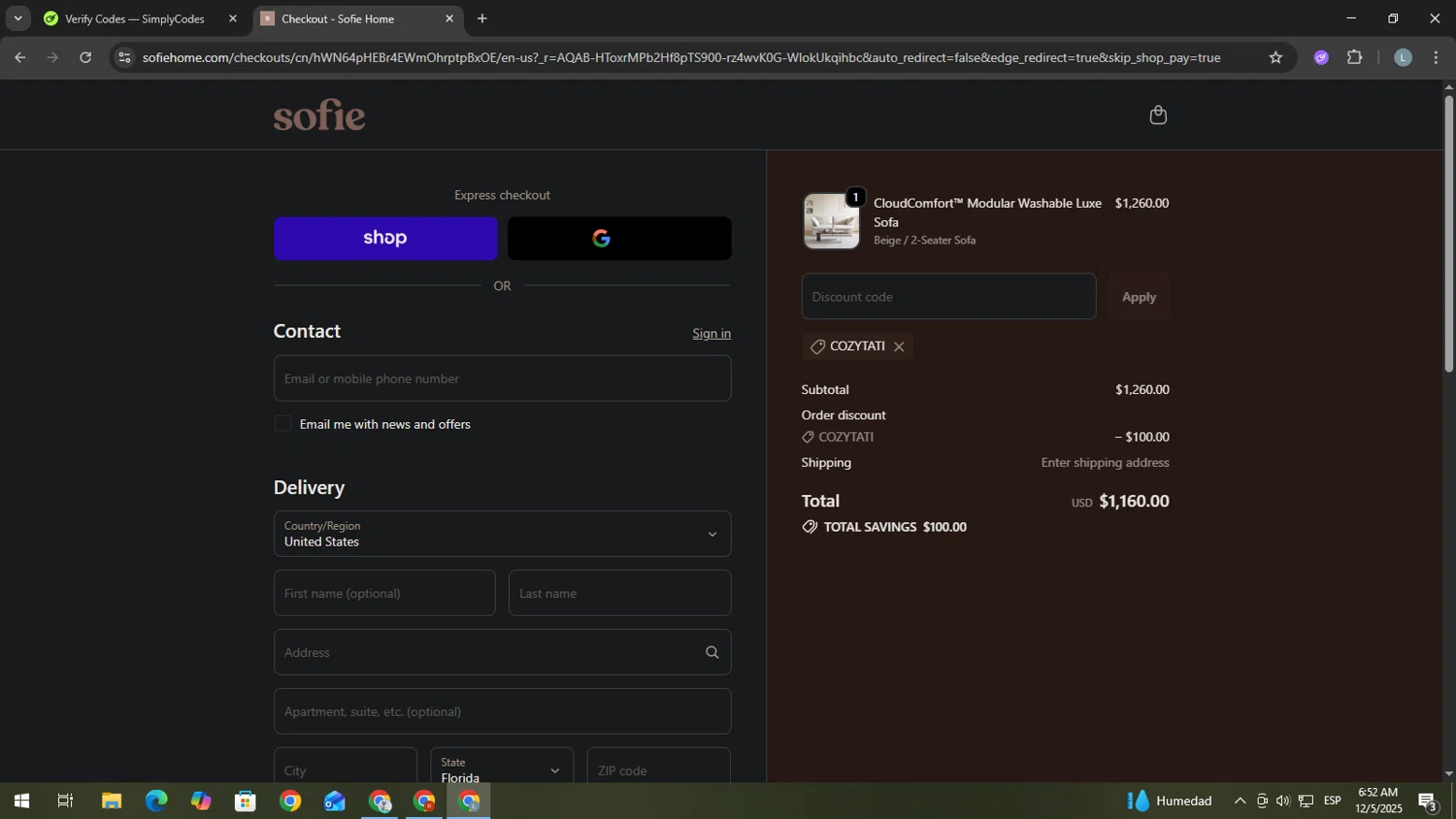 Sofie Home promo code screenshot showing code COZYTATI applied at Sofie Home checkout page. Uploaded by SimplyCodes community member USERR1 on Dec 5, 2025
