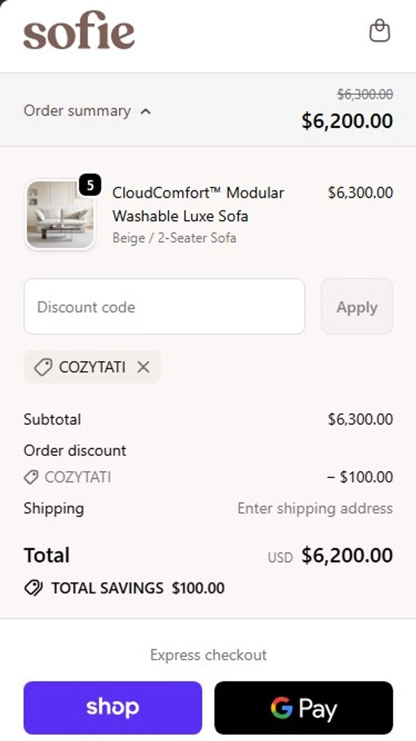 Sofie Home promo code screenshot showing code COZYTATI applied at Sofie Home checkout page. Uploaded by SimplyCodes community member RonaldoM32 on Nov 6, 2025