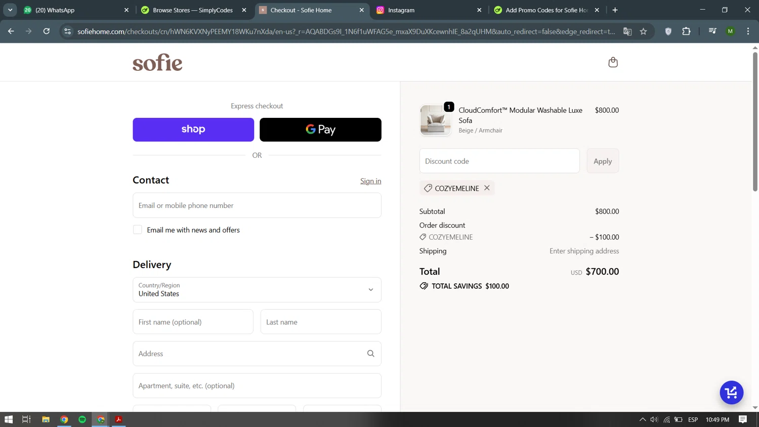 Sofie Home promo code screenshot showing code COZYEMELINE applied at Sofie Home checkout page. Uploaded by SimplyCodes community member becomeaware on Dec 12, 2025