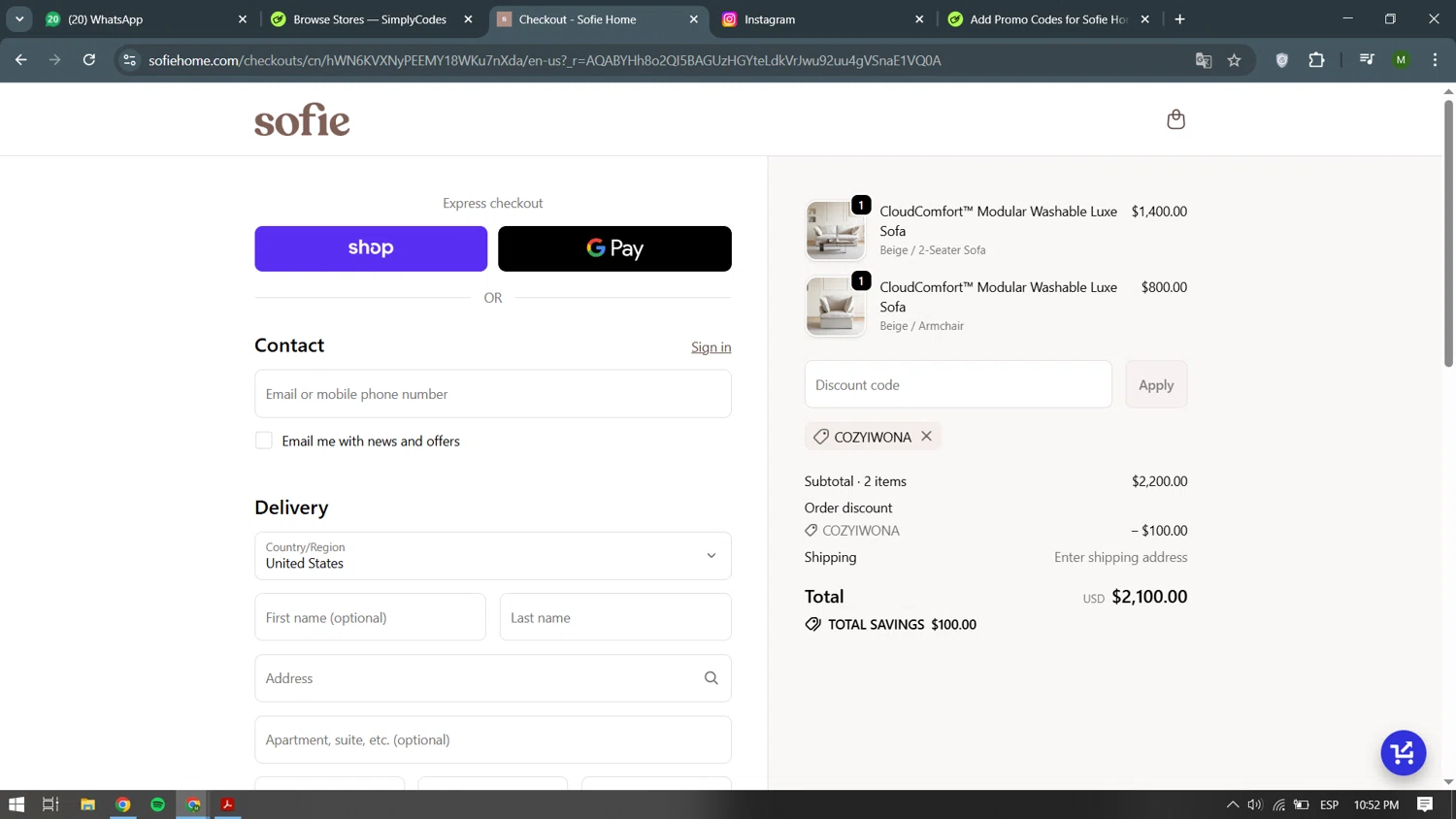 Sofie Home promo code screenshot showing code COZYIWONA applied at Sofie Home checkout page. Uploaded by SimplyCodes community member becomeaware on Dec 12, 2025