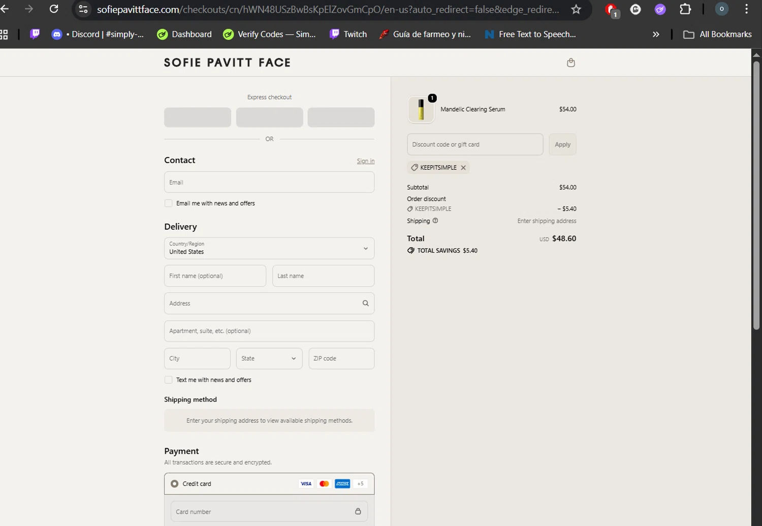 Sofie Pavitt Face discount code screenshot showing code KEEPITSIMPLE applied at Sofie Pavitt Face checkout page. Uploaded by SimplyCodes community member DealHero3744 on Oct 15, 2025