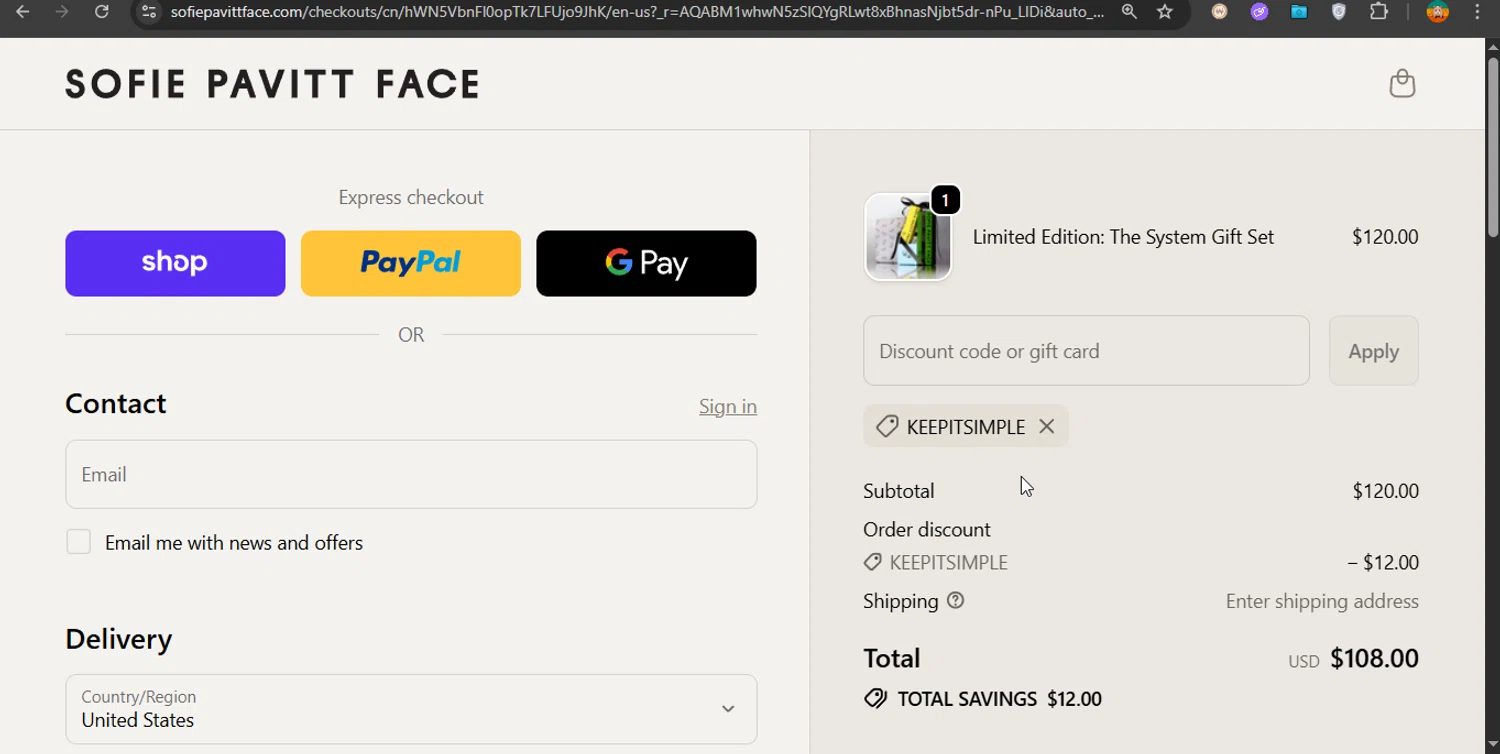 Sofie Pavitt Face discount code screenshot showing code KEEPITSIMPLE applied at Sofie Pavitt Face checkout page. Uploaded by SimplyCodes community member PrimeShopper6600 on Nov 20, 2025
