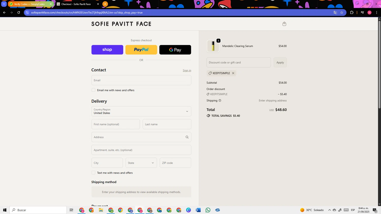 Sofie Pavitt Face discount code screenshot showing code KEEPITSIMPLE applied at Sofie Pavitt Face checkout page. Uploaded by SimplyCodes community member TokenSleuth5758 on Sep 21, 2025
