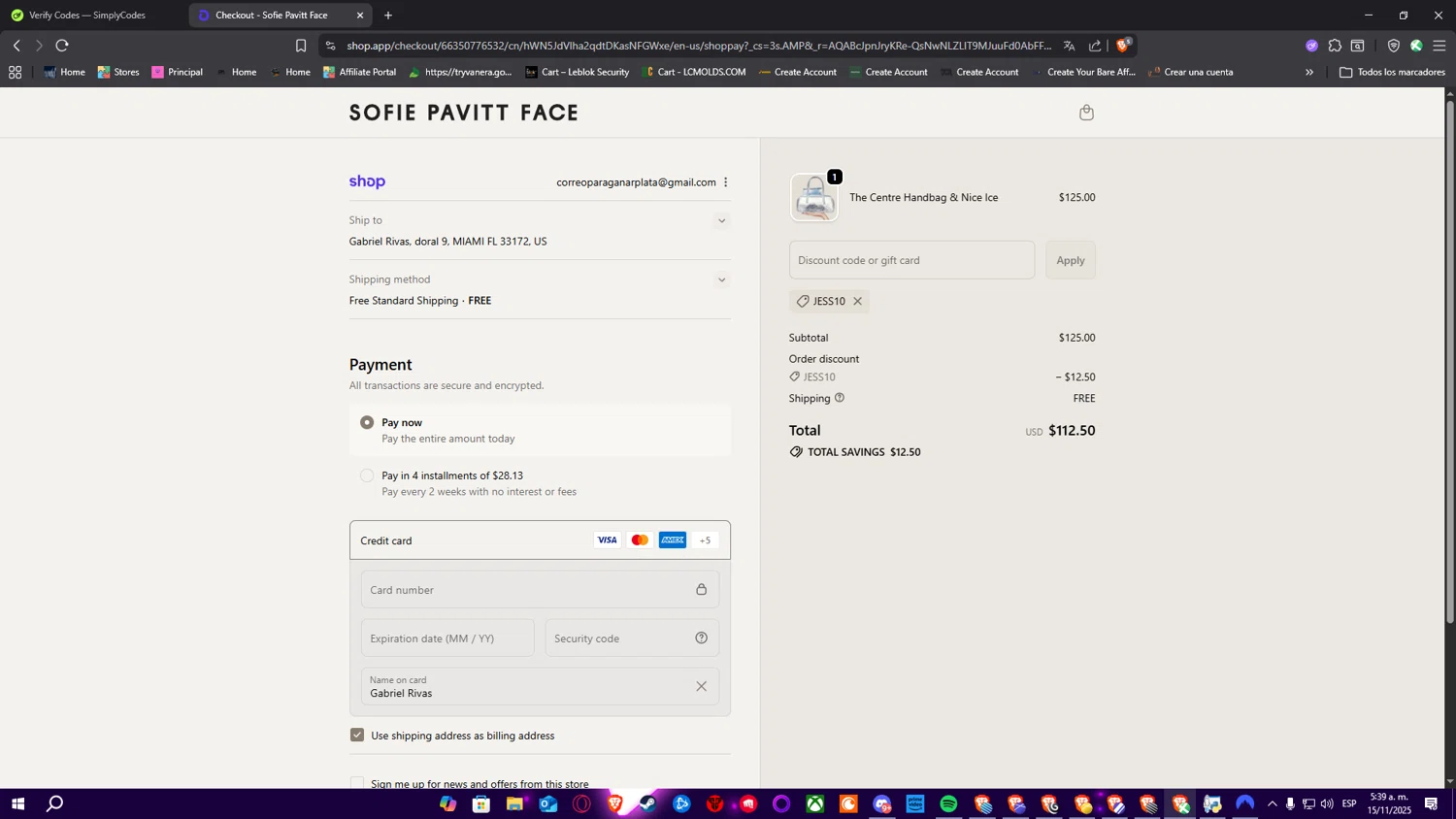 Sofie Pavitt Face discount code screenshot showing code JESS10 applied at Sofie Pavitt Face checkout page. Uploaded by SimplyCodes community member SimplyNerd on Nov 15, 2025