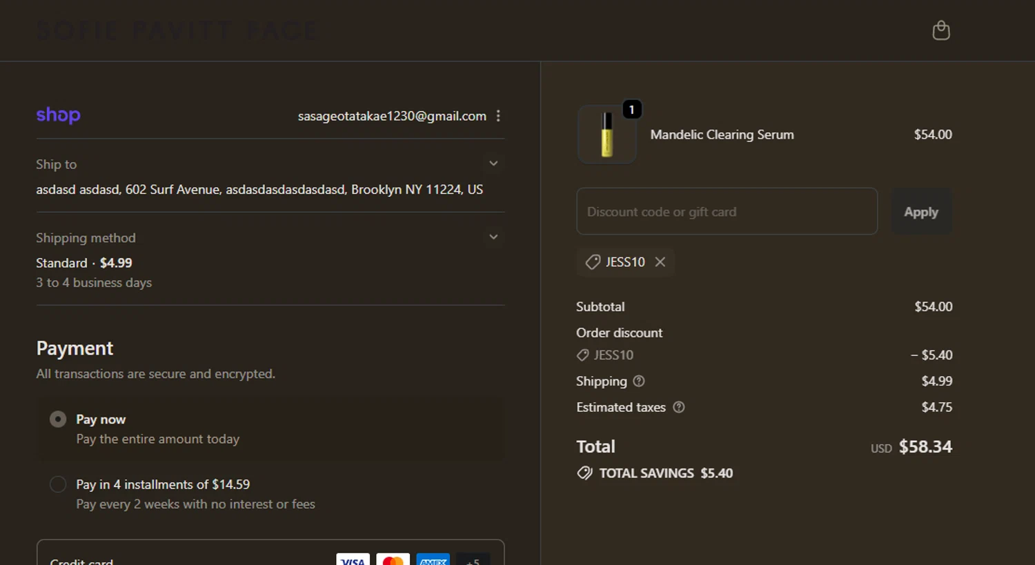 Sofie Pavitt Face discount code screenshot showing code JESS10 applied at Sofie Pavitt Face checkout page. Uploaded by SimplyCodes community member jaimitoalcachofa on Oct 15, 2025