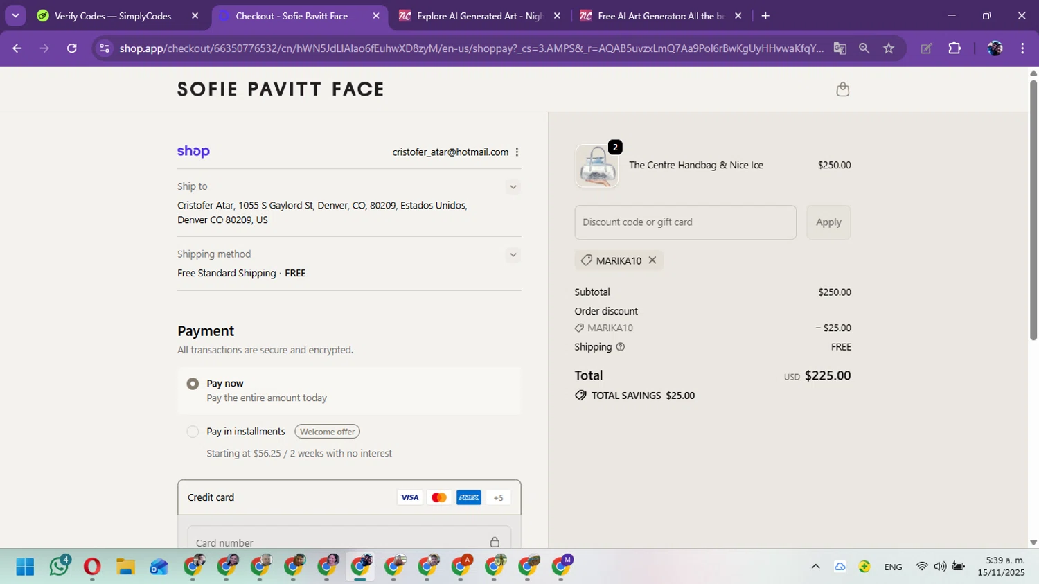 Sofie Pavitt Face discount code screenshot showing code MARIKA10 applied at Sofie Pavitt Face checkout page. Uploaded by SimplyCodes community member Marielis on Nov 15, 2025