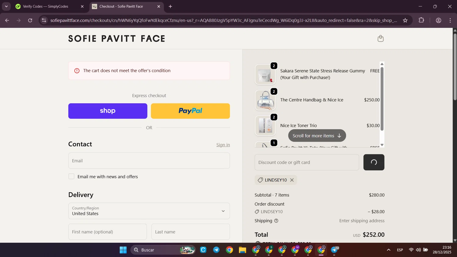 Sofie Pavitt Face discount code screenshot showing code lindsey10 applied at Sofie Pavitt Face checkout page. Uploaded by SimplyCodes community member SilverWhiz4145 on Dec 29, 2025