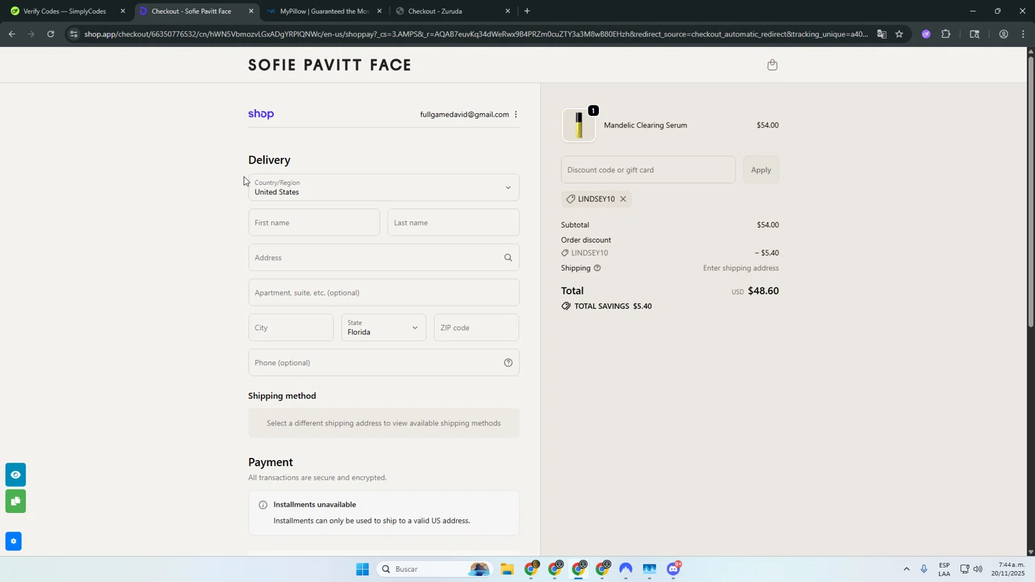 Sofie Pavitt Face discount code screenshot showing code lindsey10 applied at Sofie Pavitt Face checkout page. Uploaded by SimplyCodes community member asdasdasd on Nov 20, 2025