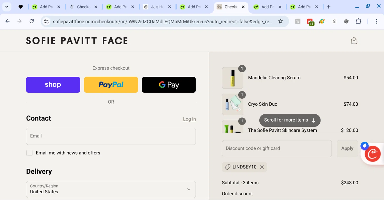 Sofie Pavitt Face discount code screenshot showing code lindsey10 applied at Sofie Pavitt Face checkout page. Uploaded by SimplyCodes community member KarinaHZ on Sep 7, 2025