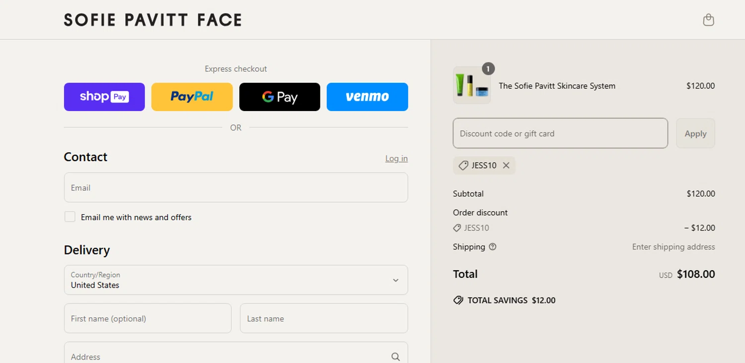 Sofie Pavitt Face discount code screenshot showing code JESS10 applied at Sofie Pavitt Face checkout page. Uploaded by SimplyCodes community member shark12 on Apr 15, 2025