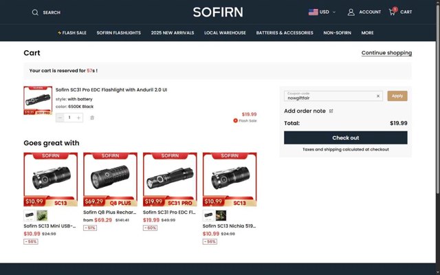 Sofirn checkout page showing Sofirn coupon code box | Screenshot taken by SimplyCodes community member on Sep 4, 2025