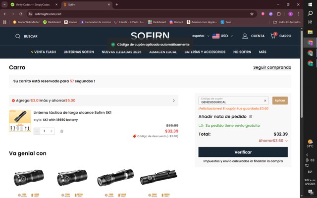 Sofirn checkout page showing Sofirn coupon code box | Screenshot taken by SimplyCodes community member on Sep 4, 2025
