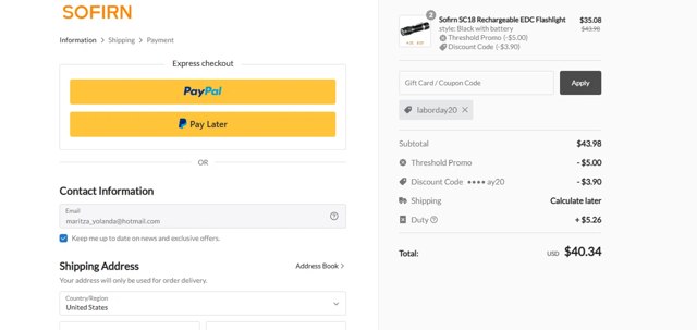 Sofirn checkout page showing Sofirn coupon code box | Screenshot taken by SimplyCodes community member on Sep 4, 2025