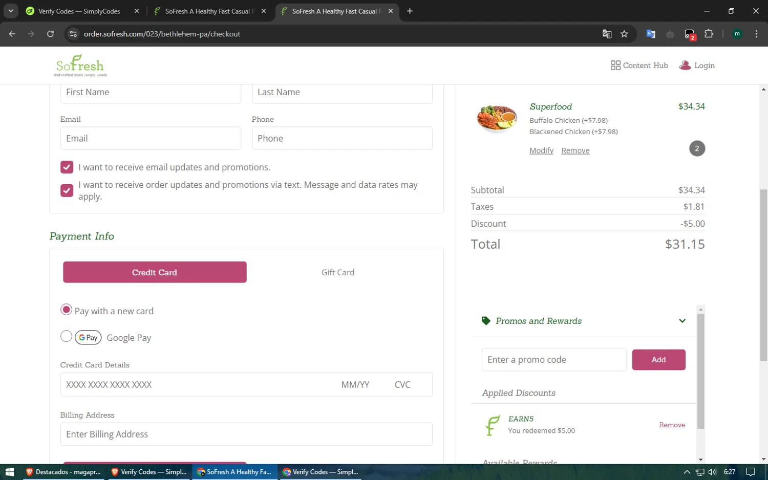 SoFresh checkout page showing SoFresh promo code box | Screenshot taken by SimplyCodes community member on Jan 25, 2025