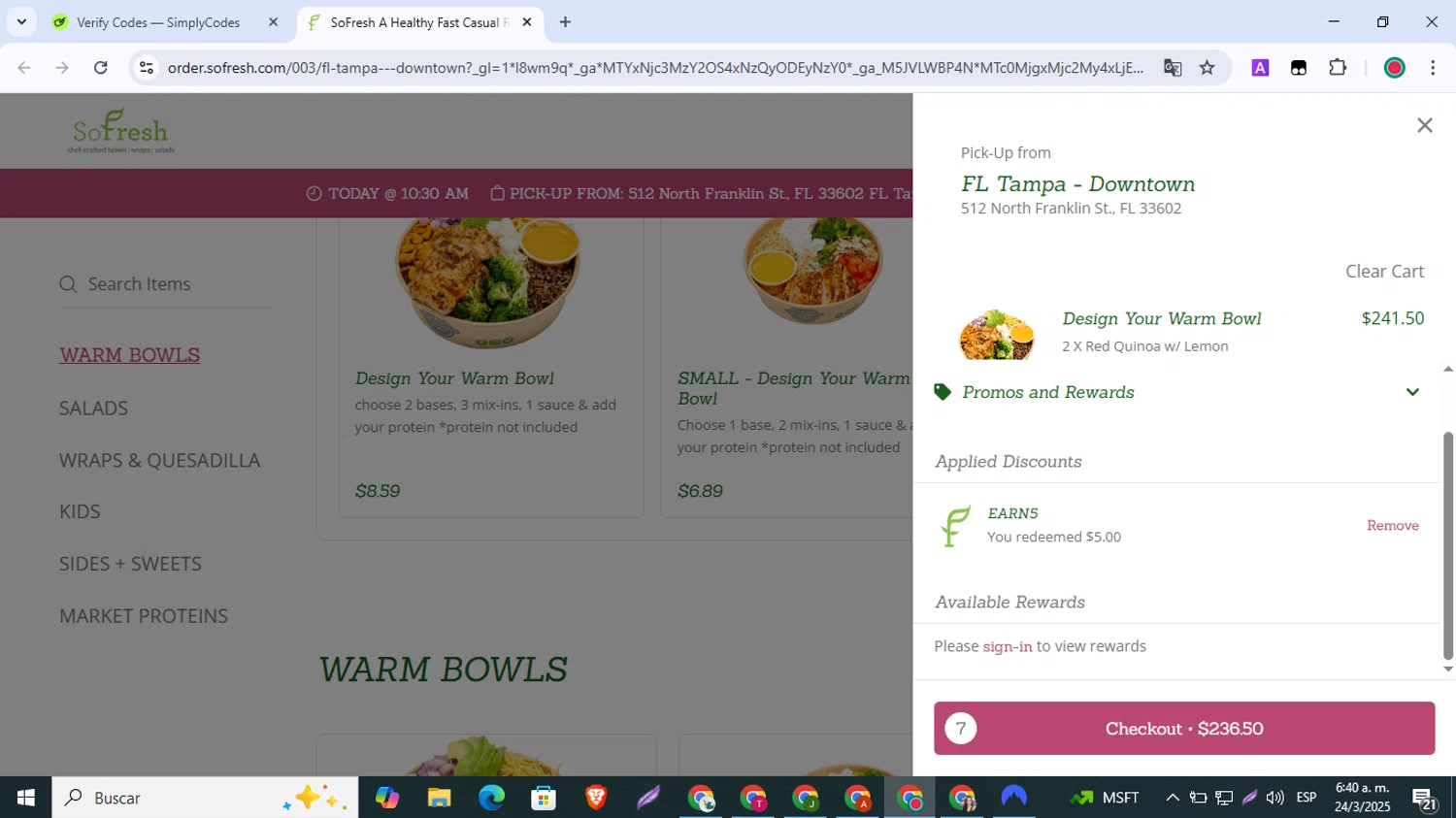 SoFresh promo code screenshot showing code EARN5 applied at SoFresh checkout page. Uploaded by SimplyCodes community member BrilliantLynx1642 on Mar 24, 2025