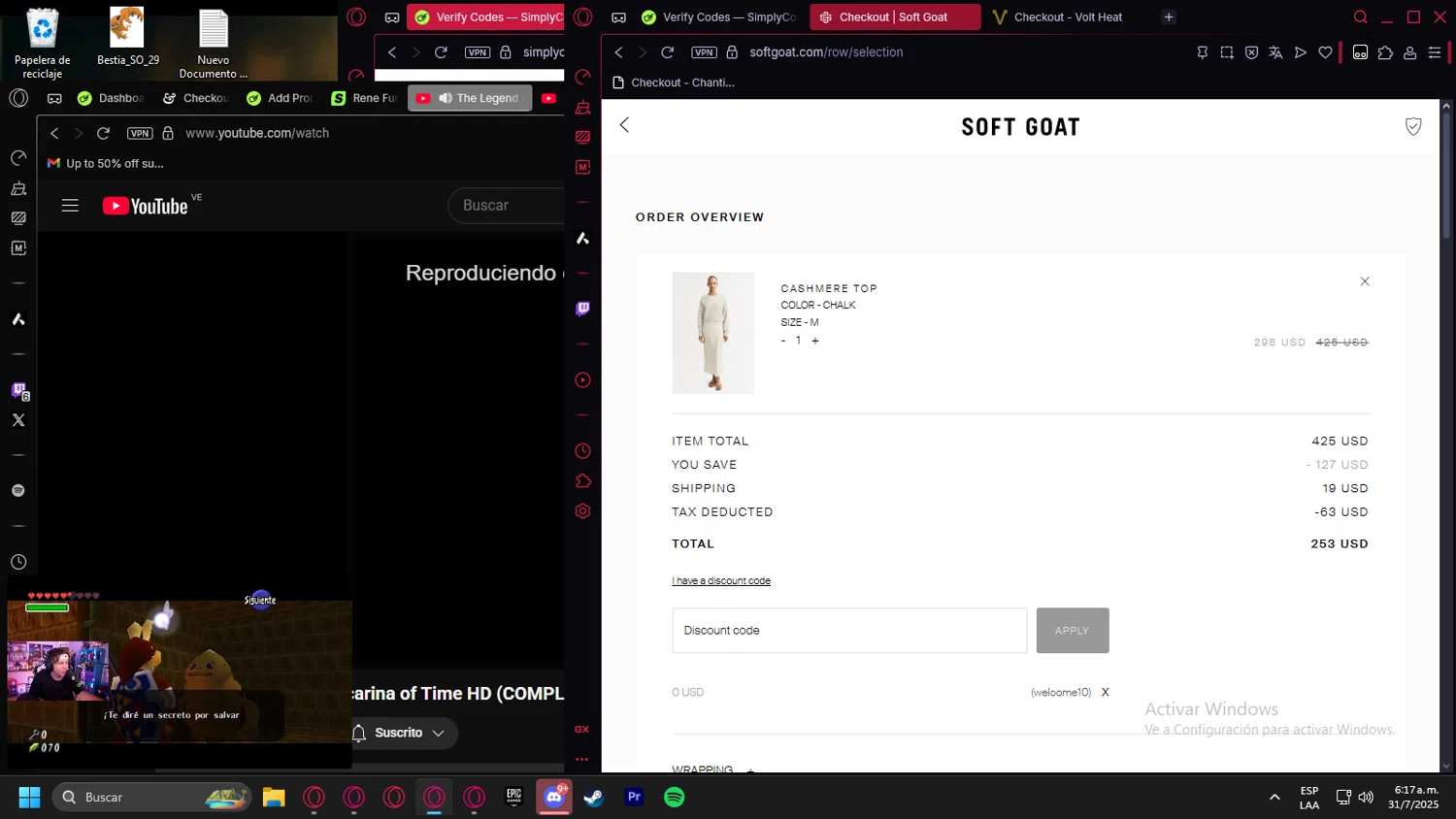 Soft Goat promo code screenshot showing code welcome10 applied at Soft Goat checkout page. Uploaded by SimplyCodes community member Halanweik on Jul 31, 2025