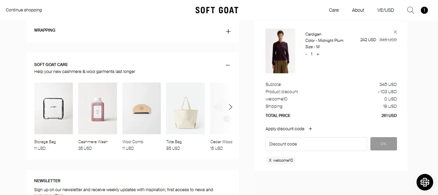 Soft Goat promo code screenshot showing code welcome10 applied at Soft Goat checkout page. Uploaded by SimplyCodes community member Nicoletorres on Dec 27, 2025