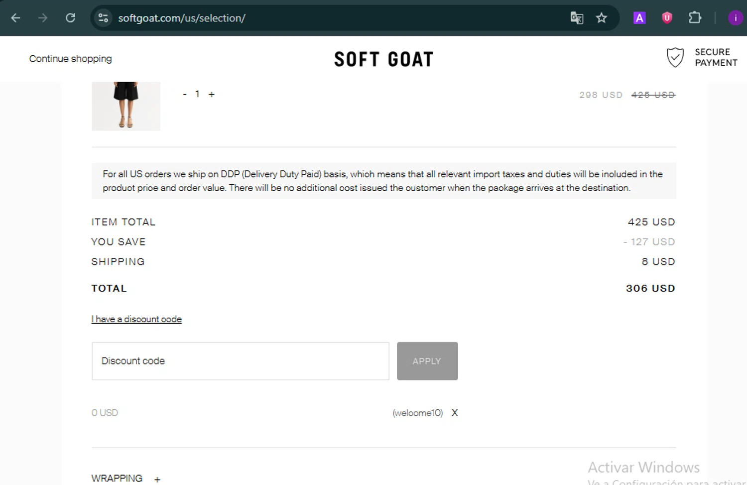 Soft Goat promo code screenshot showing code welcome10 applied at Soft Goat checkout page. Uploaded by SimplyCodes community member SalePro7215 on Aug 8, 2025