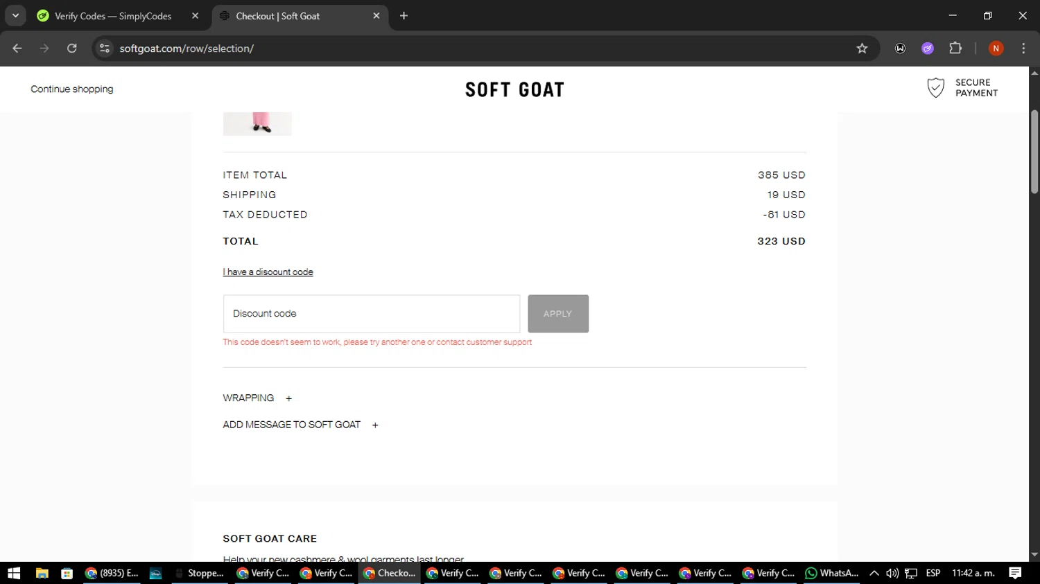 Soft Goat promo code screenshot showing code CODE10 applied at Soft Goat checkout page. Uploaded by SimplyCodes community member MagnificentScout194 on Jul 18, 2025