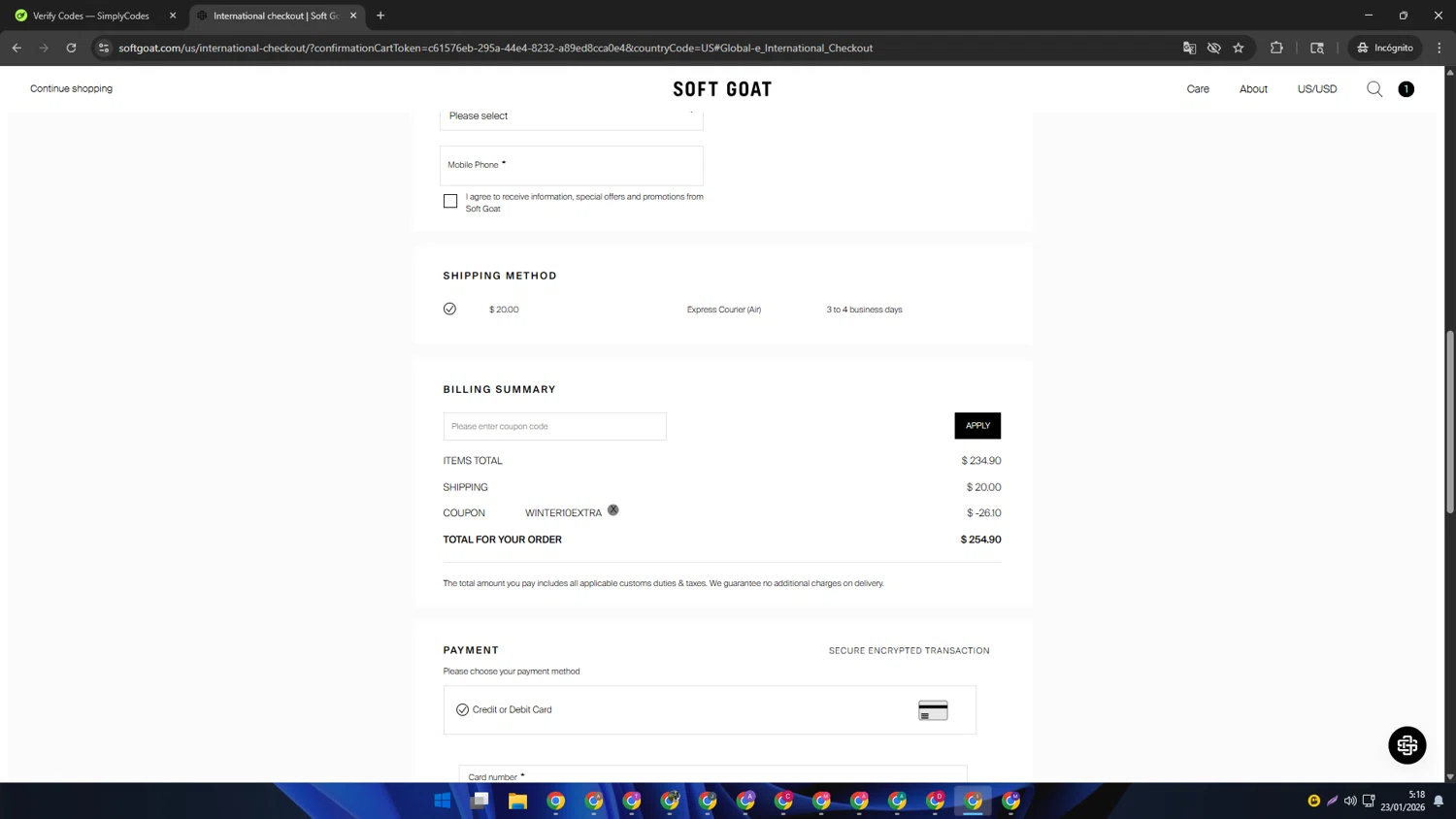 Soft Goat checkout page showing Soft Goat promo code box | Screenshot taken by SimplyCodes community member on Jan 23, 2026