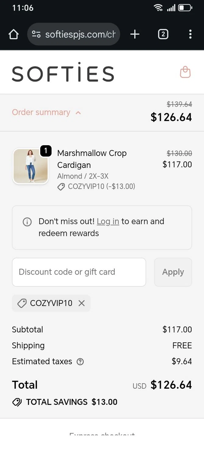 Softies discount code screenshot showing code COZYVIP10 applied at Softies checkout page. Uploaded by SimplyCodes community member franksanchez on Oct 19, 2025