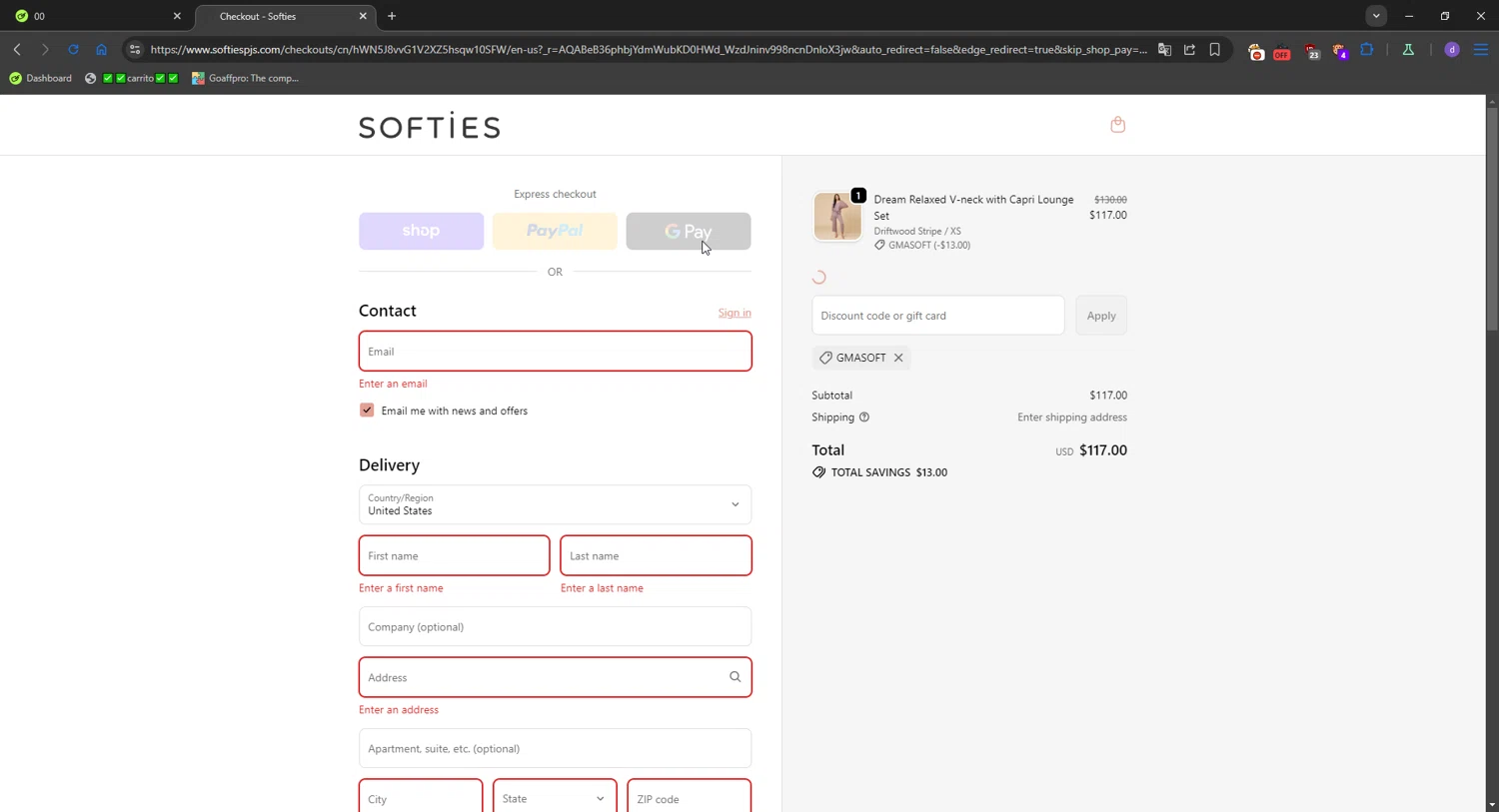 Softies discount code screenshot showing code GMASOFT applied at Softies checkout page. Uploaded by SimplyCodes community member SavvySeeker200 on Nov 15, 2025