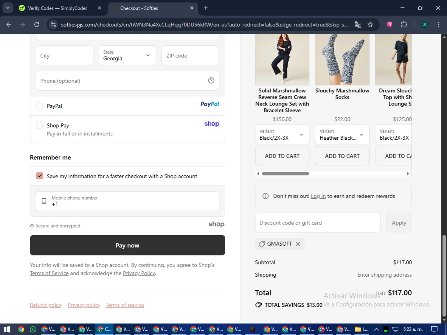 Softies discount code screenshot showing code GMASOFT applied at Softies checkout page. Uploaded by SimplyCodes community member lilMosey on Sep 25, 2025