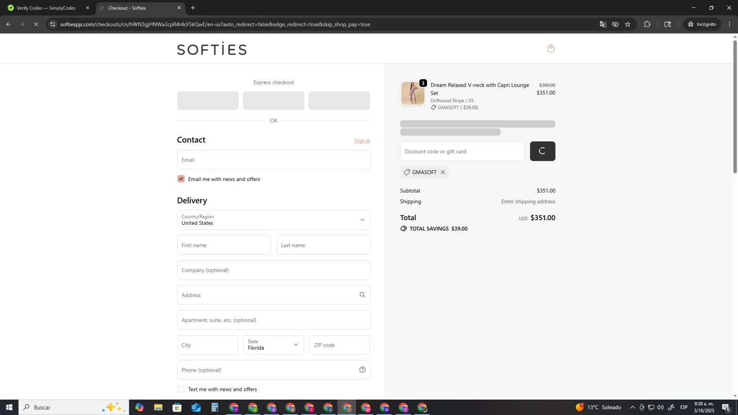Softies discount code screenshot showing code GMASOFT applied at Softies checkout page. Uploaded by SimplyCodes community member pequenokalvin5 on Oct 3, 2025