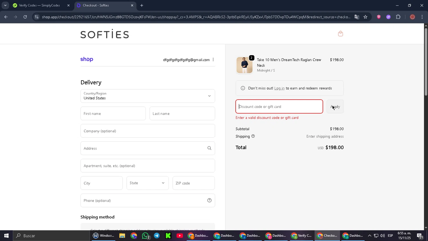 Softies discount code screenshot showing code save15 applied at Softies checkout page. Uploaded by SimplyCodes community member PromoScout8746 on Nov 15, 2025