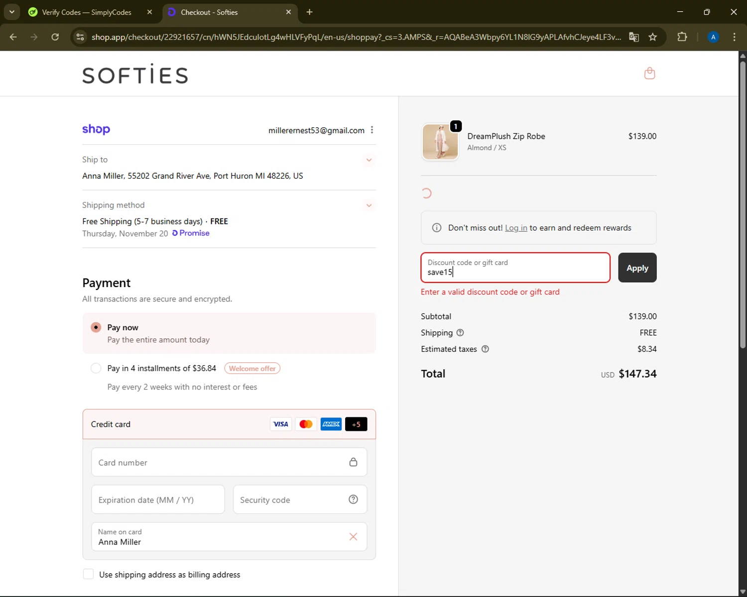 Softies discount code screenshot showing code save15 applied at Softies checkout page. Uploaded by SimplyCodes community member ShrewdMaestro6940 on Nov 15, 2025