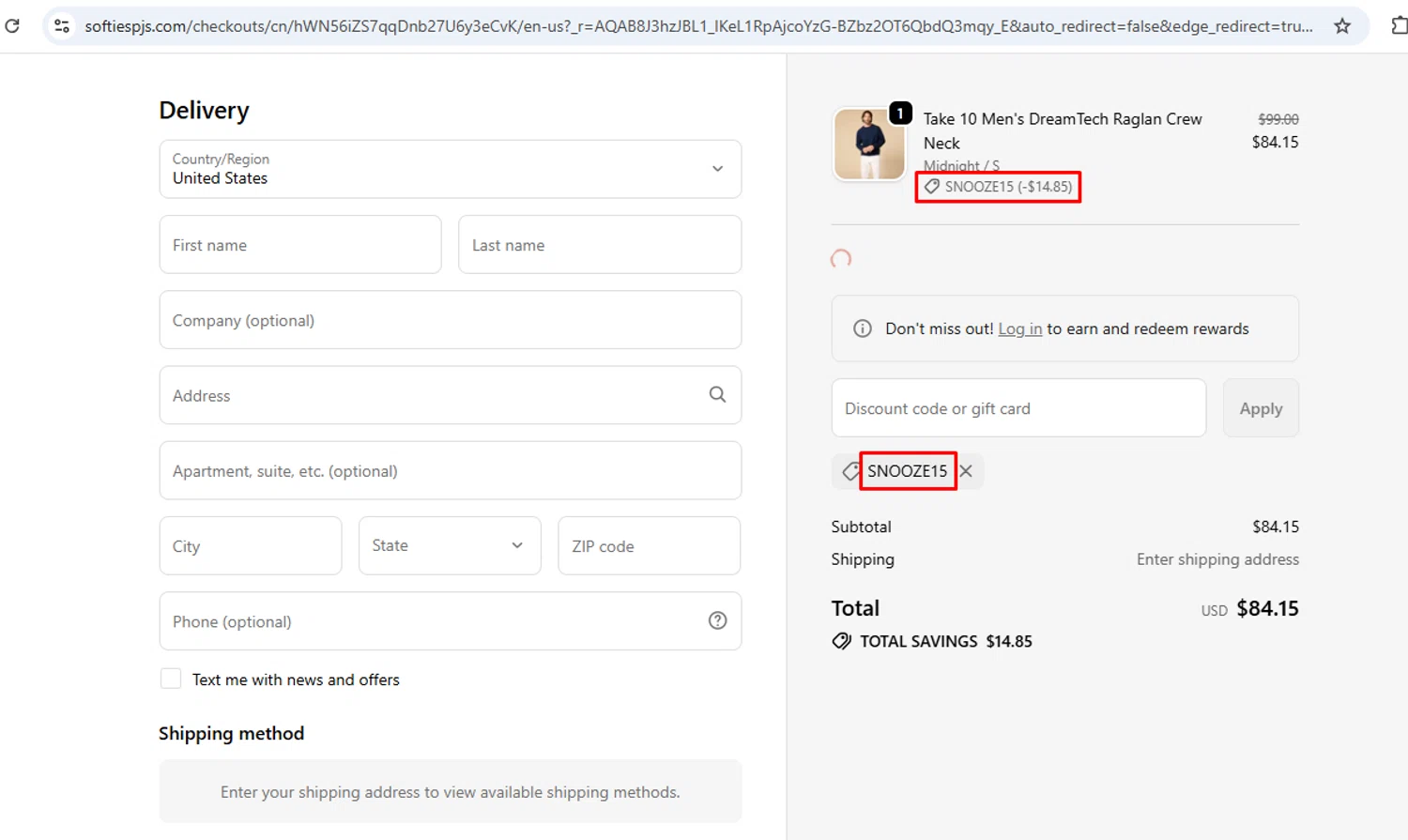 Softies discount code screenshot showing code SNOOZE15 applied at Softies checkout page. Uploaded by SimplyCodes community member nileskamarcano on Nov 9, 2025