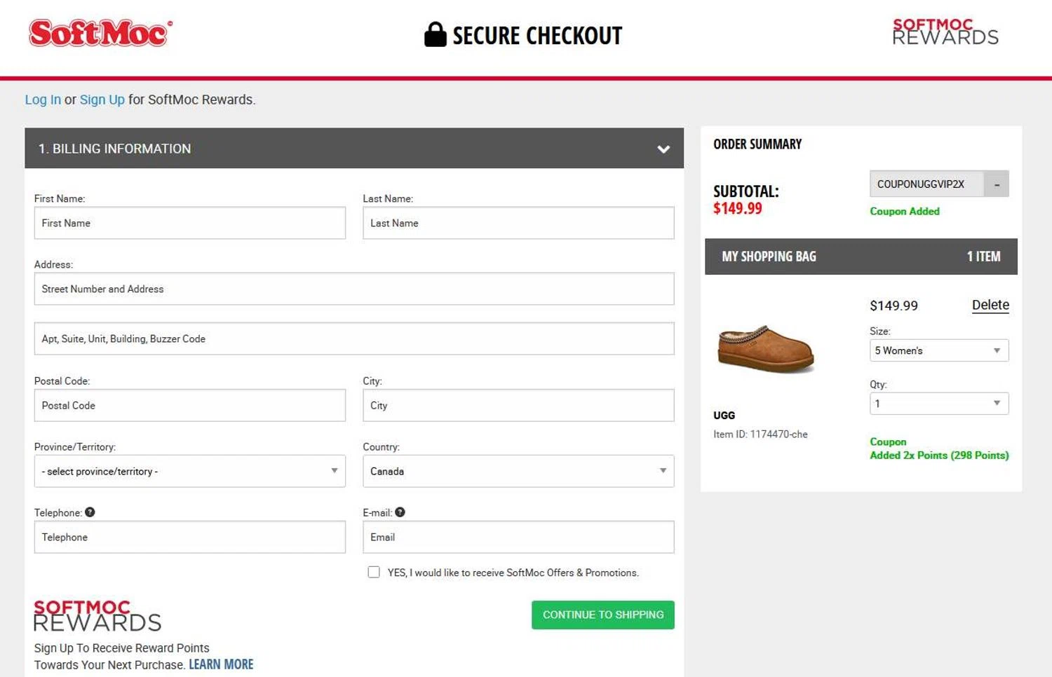 SoftMoc coupon code screenshot showing code COUPONUGGVIP2X applied at SoftMoc checkout page. Uploaded by SimplyCodes community member stygian1 on Nov 5, 2025