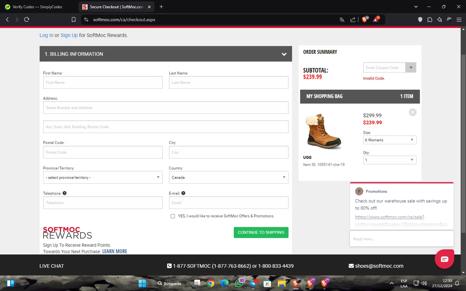 SoftMoc coupon code screenshot showing code COUPONSOFT24 applied at SoftMoc checkout page. Uploaded by SimplyCodes community member JavierCastillo1301 on Dec 27, 2024