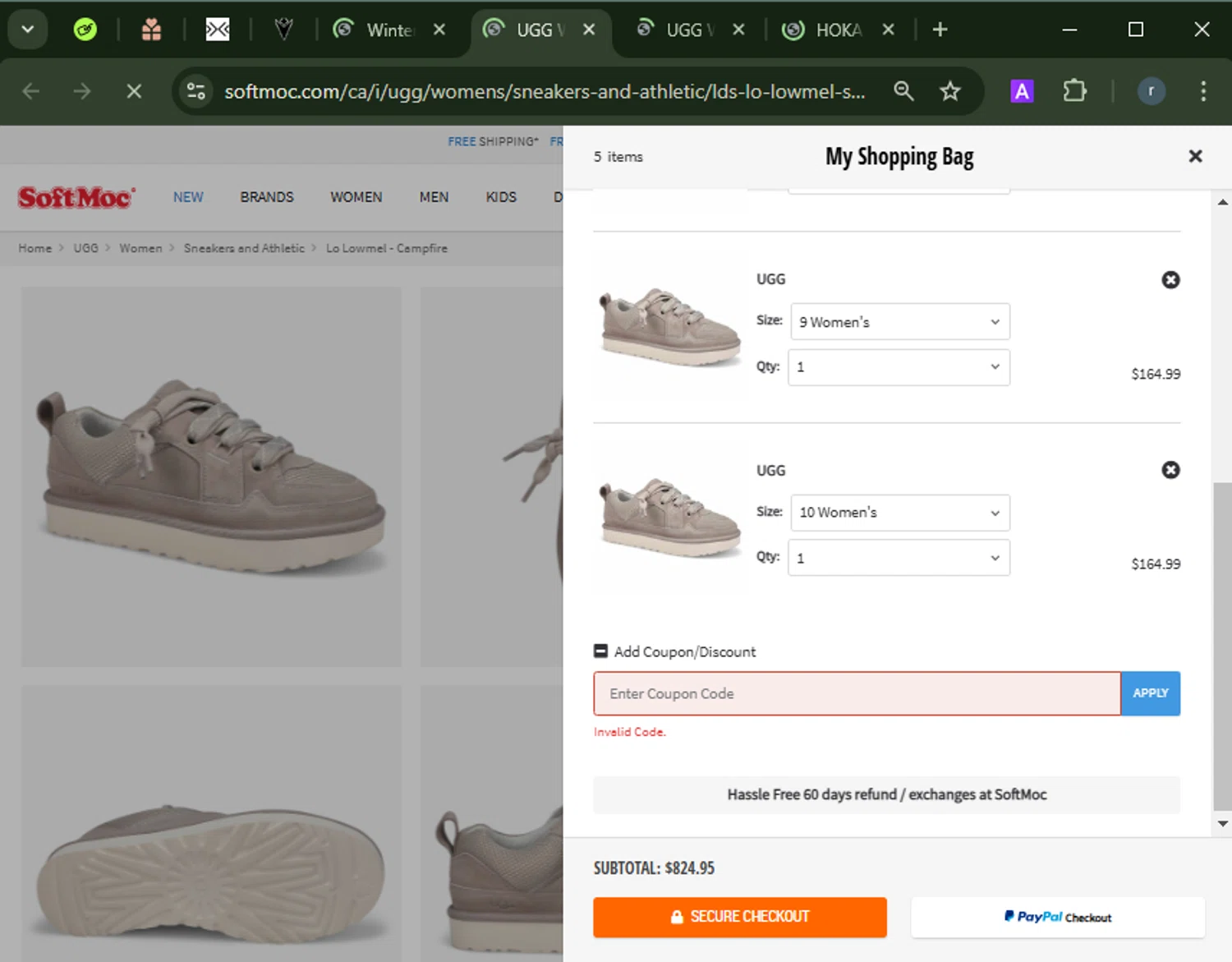 SoftMoc coupon code screenshot showing code COUPONSOFT24 applied at SoftMoc checkout page. Uploaded by SimplyCodes community member RamonAlexander on Jan 11, 2025