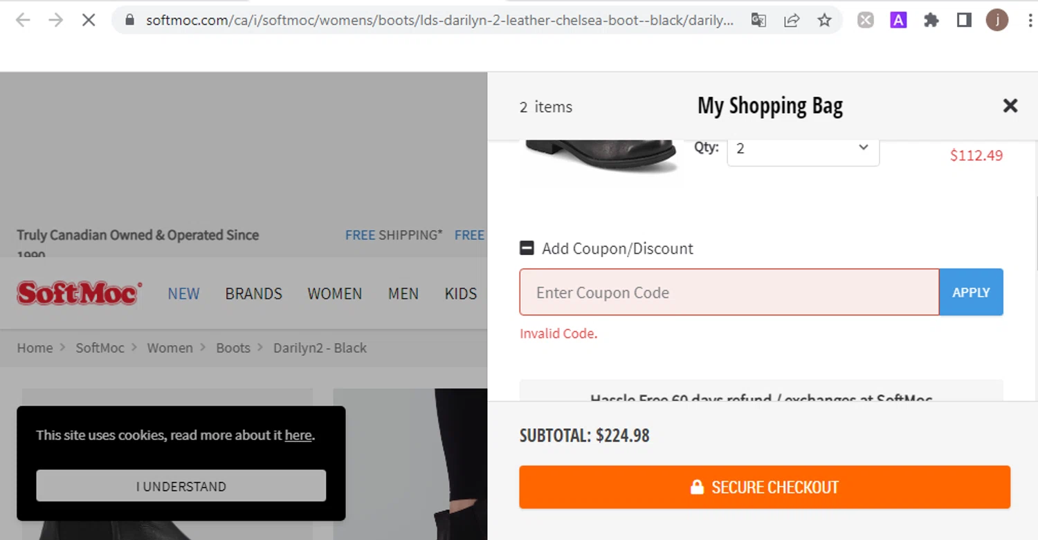 SoftMoc coupon code screenshot showing code COUUGGREWARD20 applied at SoftMoc checkout page. Uploaded by SimplyCodes community member Jose29 on Mar 5, 2025