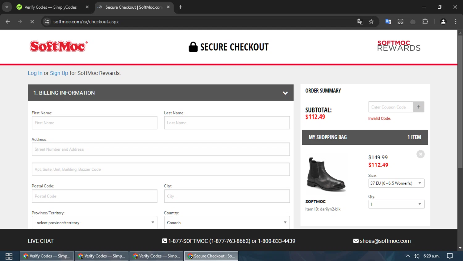 SoftMoc coupon code screenshot showing code COUUGGREWARD20 applied at SoftMoc checkout page. Uploaded by SimplyCodes community member dennygomez on Feb 4, 2025