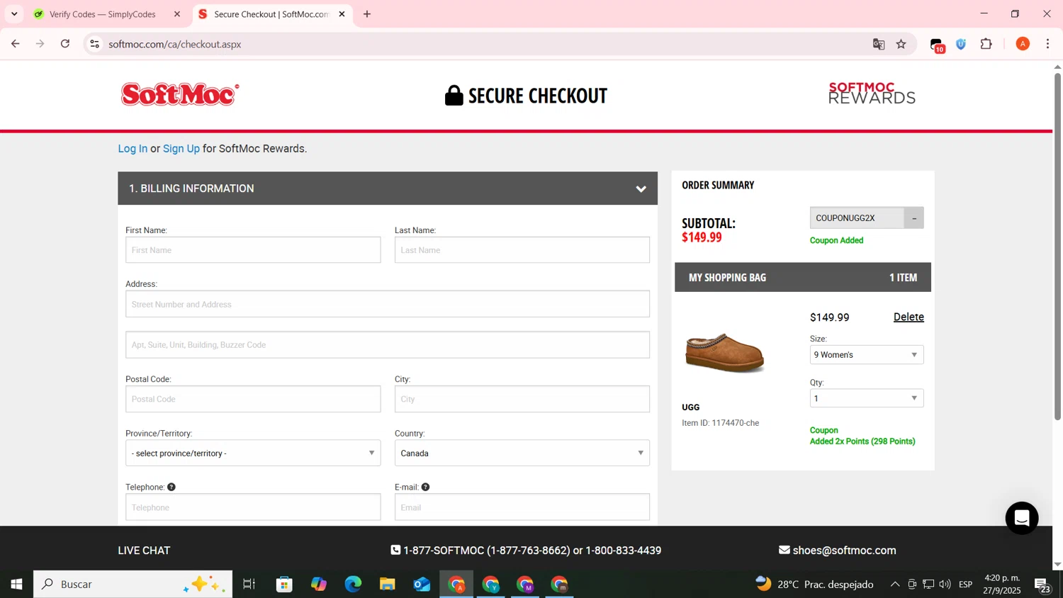 SoftMoc checkout page showing SoftMoc coupon code box | Screenshot taken by SimplyCodes community member on Sep 27, 2025