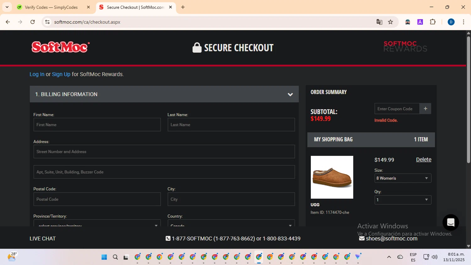 SoftMoc coupon code screenshot showing code COUPONUGGVIP2X applied at SoftMoc checkout page. Uploaded by SimplyCodes community member DealVoyager8768 on Nov 13, 2025
