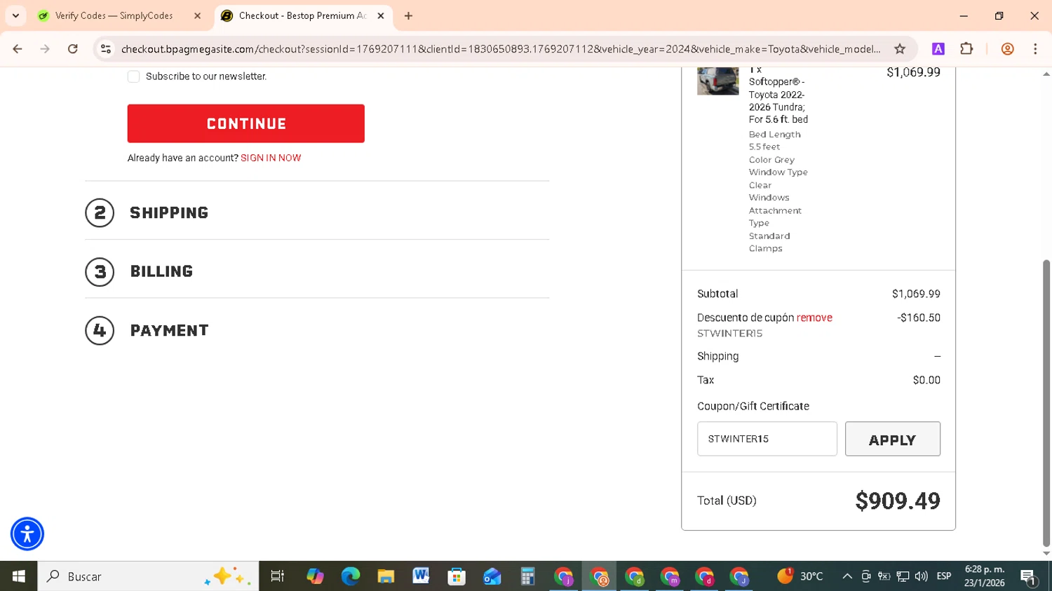 Softopper coupon code screenshot showing code STWINTER15 applied at Softopper checkout page. Uploaded by SimplyCodes community member RebateCollector5909 on Jan 23, 2026