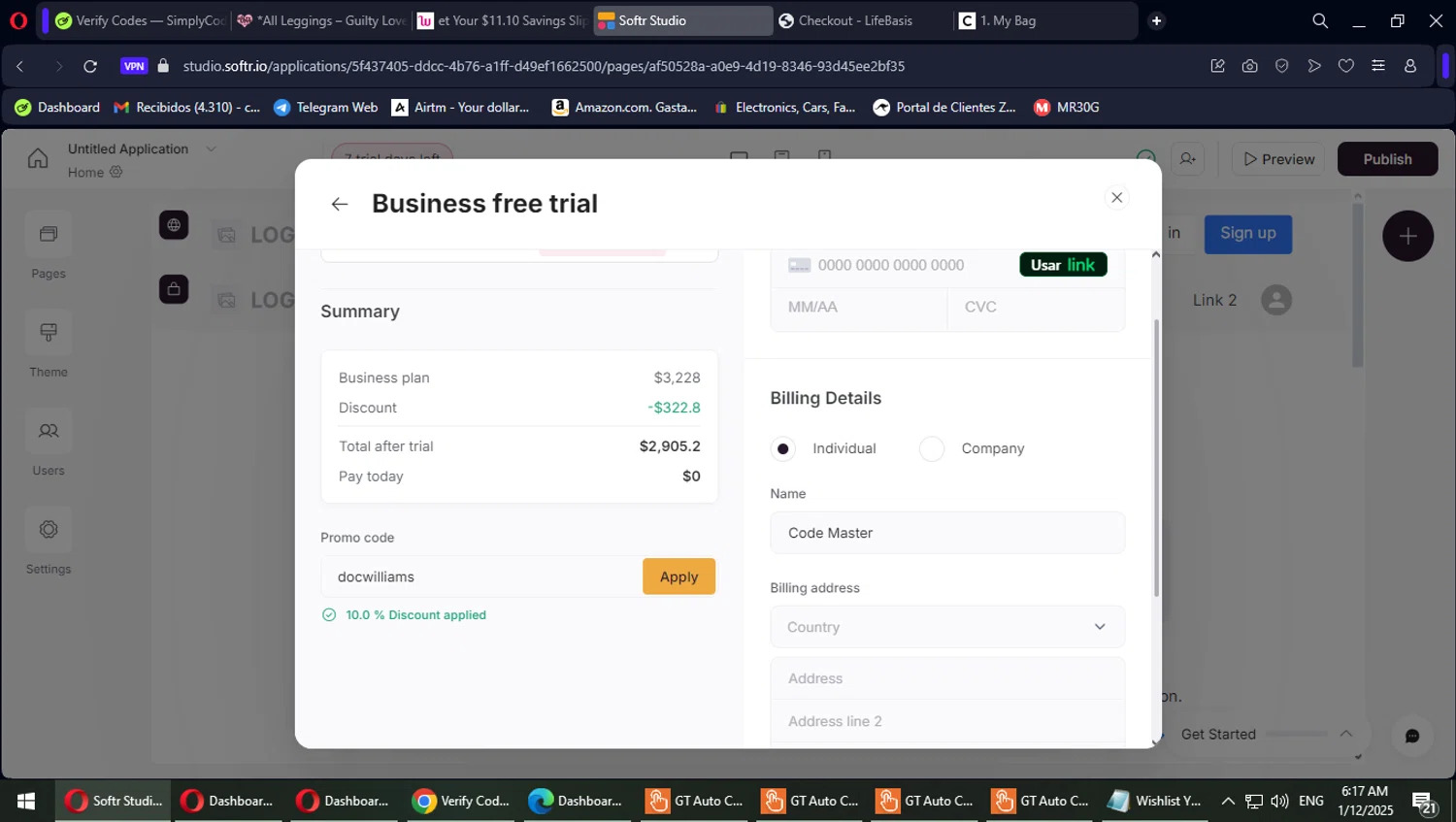 Softr promo code screenshot showing code docwilliams applied at Softr checkout page. Uploaded by SimplyCodes community member Suicune on Jan 12, 2025