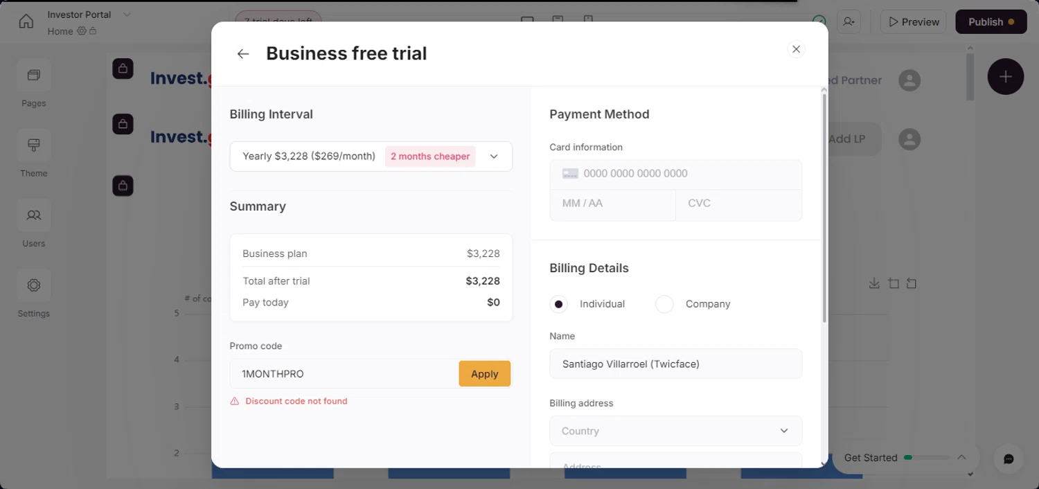 Softr promo code screenshot showing code 1MONTHPRO applied at Softr checkout page. Uploaded by SimplyCodes community member Santi_ago on Jan 11, 2025
