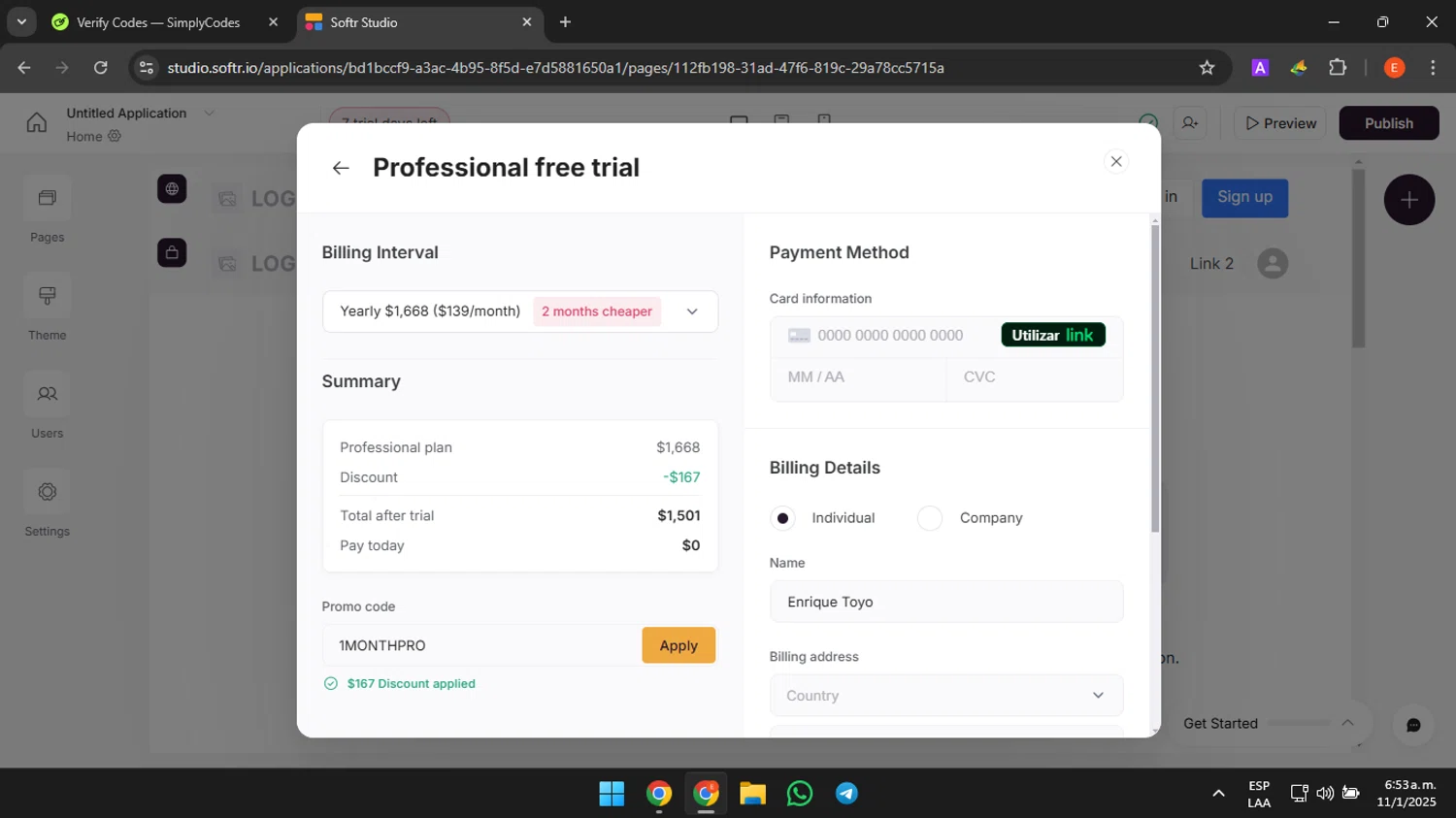 Softr promo code screenshot showing code 1MONTHPRO applied at Softr checkout page. Uploaded by SimplyCodes community member CrownHero8789 on Jan 11, 2025