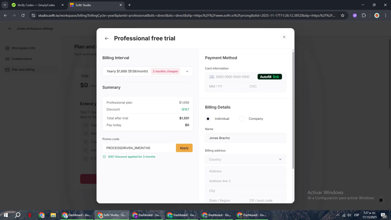 Softr promo code screenshot showing code PROCESSDRIVEN_3MONTHS applied at Softr checkout page. Uploaded by SimplyCodes community member BonusCaptain9927 on Nov 17, 2025