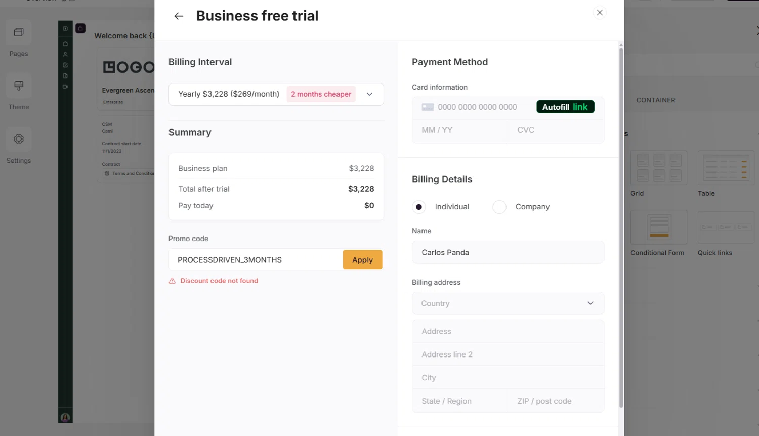 Softr promo code screenshot showing code PROCESSDRIVEN_3MONTHS applied at Softr checkout page. Uploaded by SimplyCodes community member chepipro on Dec 16, 2025