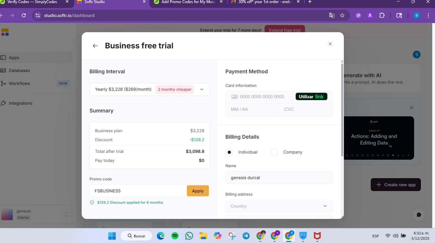 Softr promo code screenshot showing code FSBUSINESS applied at Softr checkout page. Uploaded by SimplyCodes community member FrugalVirtuoso6318 on Dec 5, 2025
