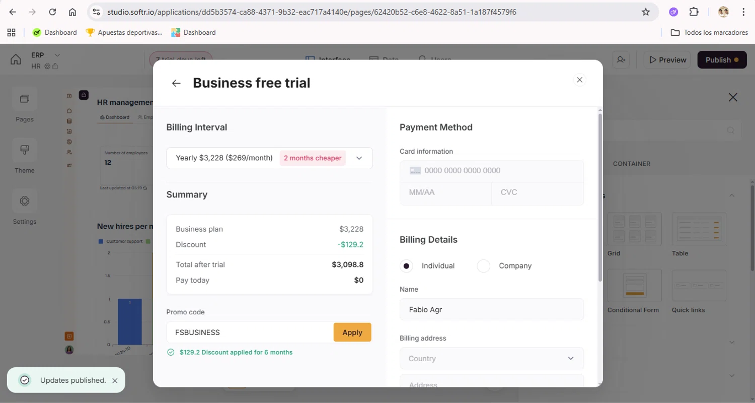 Softr promo code screenshot showing code FSBUSINESS applied at Softr checkout page. Uploaded by SimplyCodes community member LegendaryTitan9160 on Nov 6, 2025