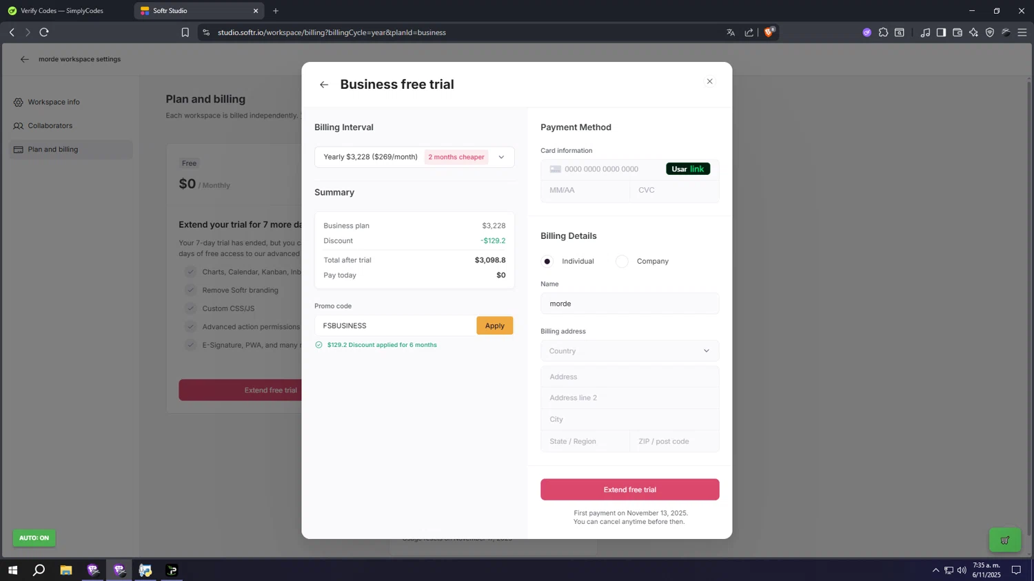 Softr promo code screenshot showing code FSBUSINESS applied at Softr checkout page. Uploaded by SimplyCodes community member aaaaaaaaaaaaaaaa on Nov 6, 2025