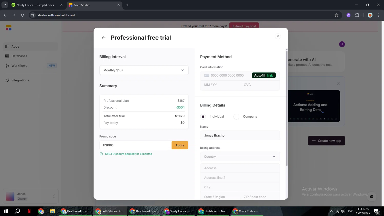 Softr promo code screenshot showing code FSPRO applied at Softr checkout page. Uploaded by SimplyCodes community member BonusCaptain9927 on Dec 15, 2025